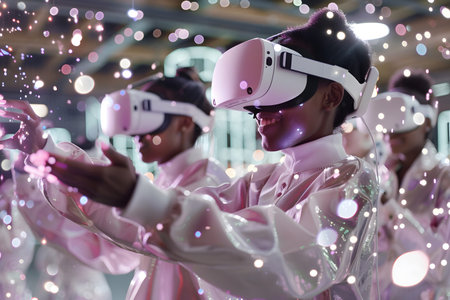 Diverse group wearing VR headsets engaged in virtual collaboration in a neon-lit environment. Great...