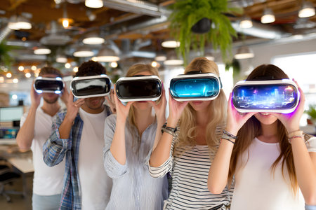 Diverse group wearing VR headsets engaged in virtual collaboration in a neon-lit environment. Great for metaverse, tech, and remote work themes.の写真素材