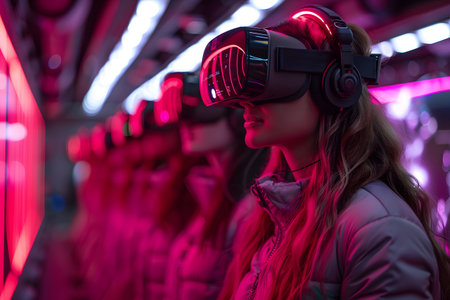 Diverse group wearing VR headsets engaged in virtual collaboration in a neon-lit environment. Great for metaverse, tech, and remote work themes.の写真素材