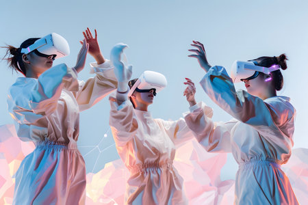 Diverse group wearing VR headsets engaged in virtual collaboration in a neon-lit environment. Great for metaverse, tech, and remote work themes.の写真素材