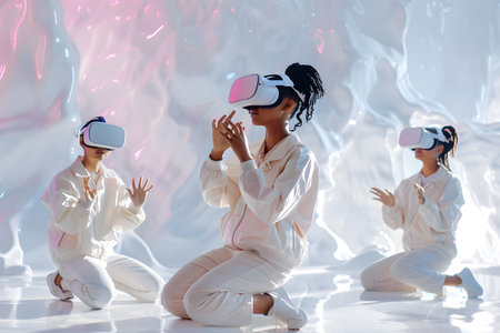 Diverse group wearing VR headsets engaged in virtual collaboration in a neon-lit environment. Great for metaverse, tech, and remote work themes.の写真素材
