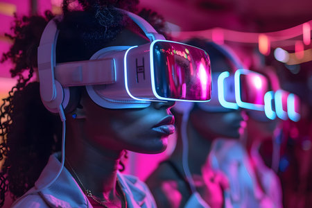 Diverse group wearing VR headsets engaged in virtual collaboration in a neon-lit environment. Great...