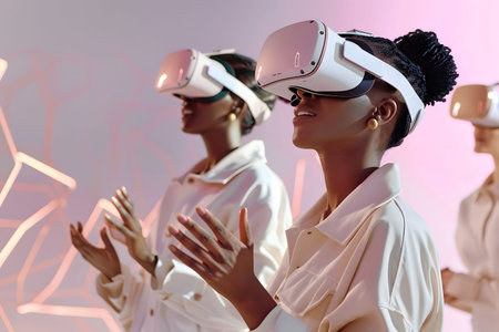 Diverse group wearing VR headsets engaged in virtual collaboration in a neon-lit environment. Great for metaverse, tech, and remote work themes.の写真素材