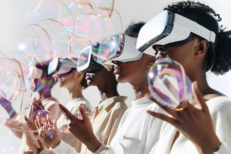 Diverse group wearing VR headsets engaged in virtual collaboration in a neon-lit environment. Great...