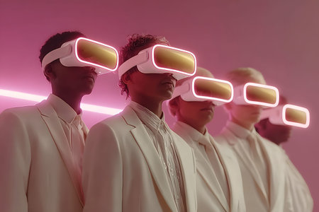 Diverse group wearing VR headsets engaged in virtual collaboration in a neon-lit environment. Great...