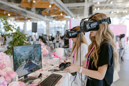 Diverse group wearing VR headsets engaged in virtual collaboration in a neon-lit environment. Great for metaverse, tech, and remote work themes.の写真素材