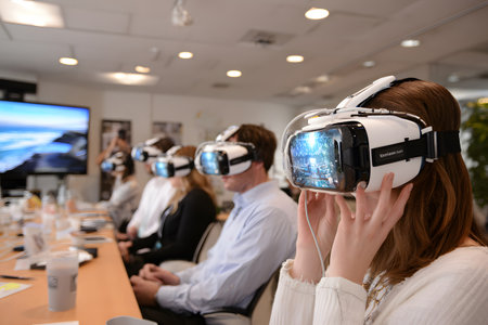 Diverse group wearing VR headsets engaged in virtual collaboration in a neon-lit environment. Great for metaverse, tech, and remote work themes.の写真素材