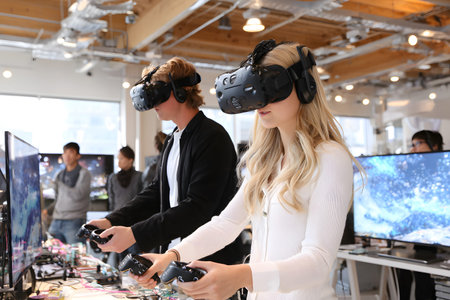 Diverse group wearing VR headsets engaged in virtual collaboration in a neon-lit environment. Great...