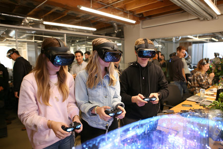 Diverse group wearing VR headsets engaged in virtual collaboration in a neon-lit environment. Great for metaverse, tech, and remote work themes.の写真素材