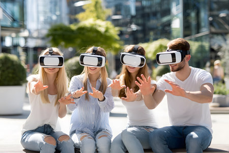 Diverse group wearing VR headsets engaged in virtual collaboration in a neon-lit environment. Great for metaverse, tech, and remote work themes.の写真素材