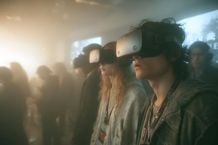 Diverse group wearing VR headsets engaged in virtual collaboration in a neon-lit environment. Great for metaverse, tech, and remote work themes.の写真素材