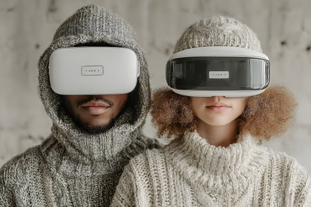 Diverse group wearing VR headsets engaged in virtual collaboration in a neon-lit environment. Great for metaverse, tech, and remote work themes.の写真素材