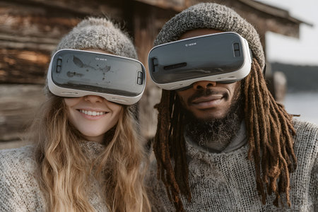 Diverse group wearing VR headsets engaged in virtual collaboration in a neon-lit environment. Great for metaverse, tech, and remote work themes.の写真素材
