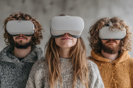 Diverse group wearing VR headsets engaged in virtual collaboration in a neon-lit environment. Great...