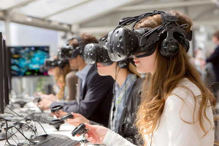 Diverse group wearing VR headsets engaged in virtual collaboration in a neon-lit environment. Great for metaverse, tech, and remote work themes.の写真素材