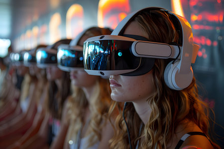 Diverse group wearing VR headsets engaged in virtual collaboration in a neon-lit environment. Great...