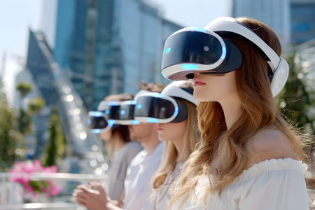 Diverse group wearing VR headsets engaged in virtual collaboration in a neon-lit environment. Great...