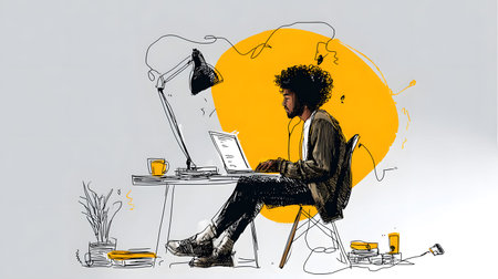 Stylized illustration of a freelancer working on a laptop in a cozy, creative space with plants and warm lighting. Concept of remote work and independent lifestyle.の写真素材