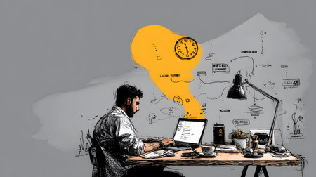 Stylized illustration of a freelancer working on a laptop in a cozy, creative space with plants and...
