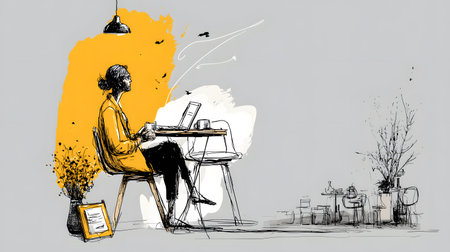 Stylized illustration of a freelancer working on a laptop in a cozy, creative space with plants and warm lighting. Concept of remote work and independent lifestyle.の写真素材
