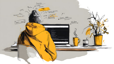 Stylized illustration of a freelancer working on a laptop in a cozy, creative space with plants and...