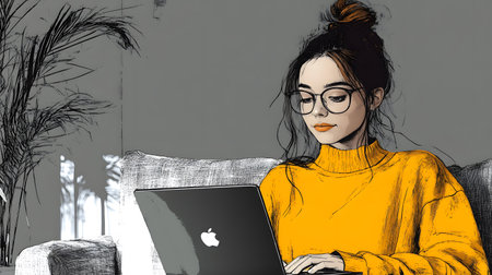 Stylized illustration of a freelancer working on a laptop in a cozy, creative space with plants and warm lighting. Concept of remote work and independent lifestyle.の写真素材