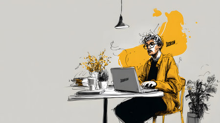 Stylized illustration of a freelancer working on a laptop in a cozy, creative space with plants and warm lighting. Concept of remote work and independent lifestyle.の写真素材