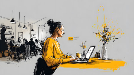 Stylized illustration of a freelancer working on a laptop in a cozy, creative space with plants and warm lighting. Concept of remote work and independent lifestyle.の写真素材