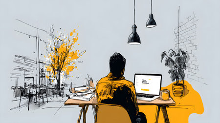 Stylized illustration of a freelancer working on a laptop in a cozy, creative space with plants and warm lighting. Concept of remote work and independent lifestyle.の写真素材