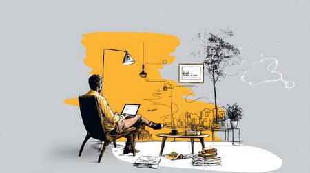 Stylized illustration of a freelancer working on a laptop in a cozy, creative space with plants and warm lighting. Concept of remote work and independent lifestyle.の写真素材