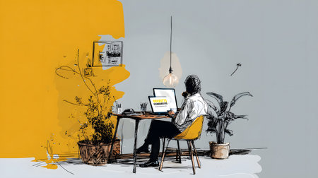 Stylized illustration of a freelancer working on a laptop in a cozy, creative space with plants and warm lighting. Concept of remote work and independent lifestyle.の写真素材