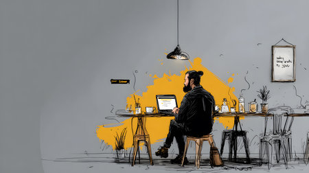 Stylized illustration of a freelancer working on a laptop in a cozy, creative space with plants and warm lighting. Concept of remote work and independent lifestyle.の写真素材