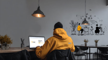 Stylized illustration of a freelancer working on a laptop in a cozy, creative space with plants and...