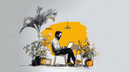 Stylized illustration of a freelancer working on a laptop in a cozy, creative space with plants and warm lighting. Concept of remote work and independent lifestyle.の写真素材