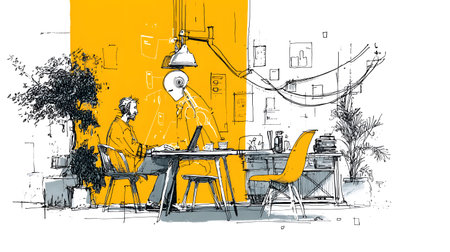 Stylized illustration of a freelancer working on a laptop in a cozy, creative space with plants and warm lighting. Concept of remote work and independent lifestyle.の写真素材