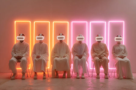 Diverse group wearing VR headsets engaged in virtual collaboration in a neon-lit environment. Great for metaverse, tech, and remote work themes.の写真素材