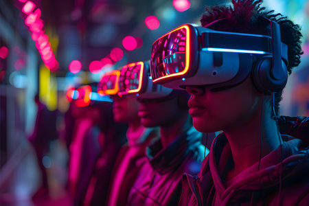 Diverse group wearing VR headsets engaged in virtual collaboration in a neon-lit environment. Great...