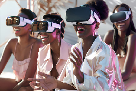 Diverse group wearing VR headsets engaged in virtual collaboration in a neon-lit environment. Great...