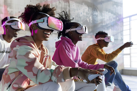 Diverse group wearing VR headsets engaged in virtual collaboration in a neon-lit environment. Great for metaverse, tech, and remote work themes.の写真素材