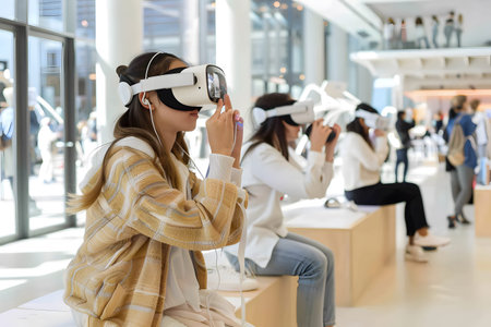 Diverse group wearing VR headsets engaged in virtual collaboration in a neon-lit environment. Great...