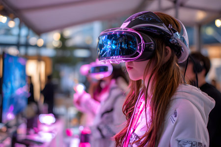 Diverse group wearing VR headsets engaged in virtual collaboration in a neon-lit environment. Great...