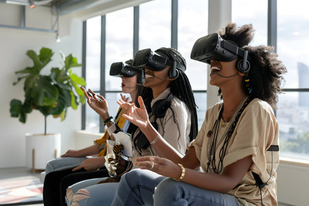 Diverse group wearing VR headsets engaged in virtual collaboration in a neon-lit environment. Great for metaverse, tech, and remote work themes.の写真素材