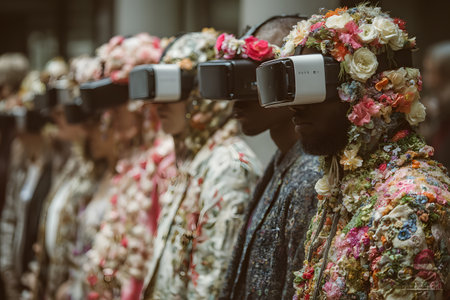 Diverse group wearing VR headsets engaged in virtual collaboration in a neon-lit environment. Great for metaverse, tech, and remote work themes.の写真素材