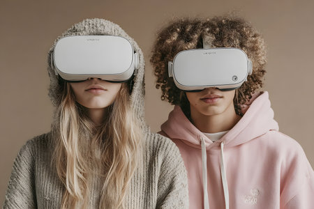 Diverse group wearing VR headsets engaged in virtual collaboration in a neon-lit environment. Great for metaverse, tech, and remote work themes.の写真素材