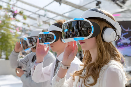 Diverse group wearing VR headsets engaged in virtual collaboration in a neon-lit environment. Great...