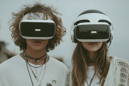 Diverse group wearing VR headsets engaged in virtual collaboration in a neon-lit environment. Great for metaverse, tech, and remote work themes.の写真素材