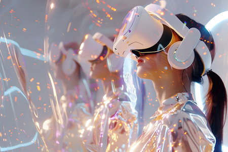 Diverse group wearing VR headsets engaged in virtual collaboration in a neon-lit environment. Great...
