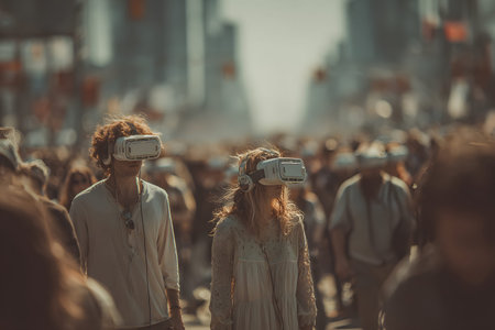 Diverse group wearing VR headsets engaged in virtual collaboration in a neon-lit environment. Great...