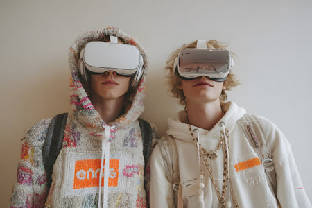 Diverse group wearing VR headsets engaged in virtual collaboration in a neon-lit environment. Great for metaverse, tech, and remote work themes.の写真素材