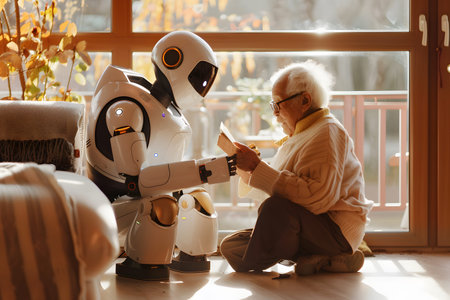 Illustration of a friendly robot assisting an elderly person in a cozy home environment with warm natural light. Great for lifestyle and robotics applications.の写真素材